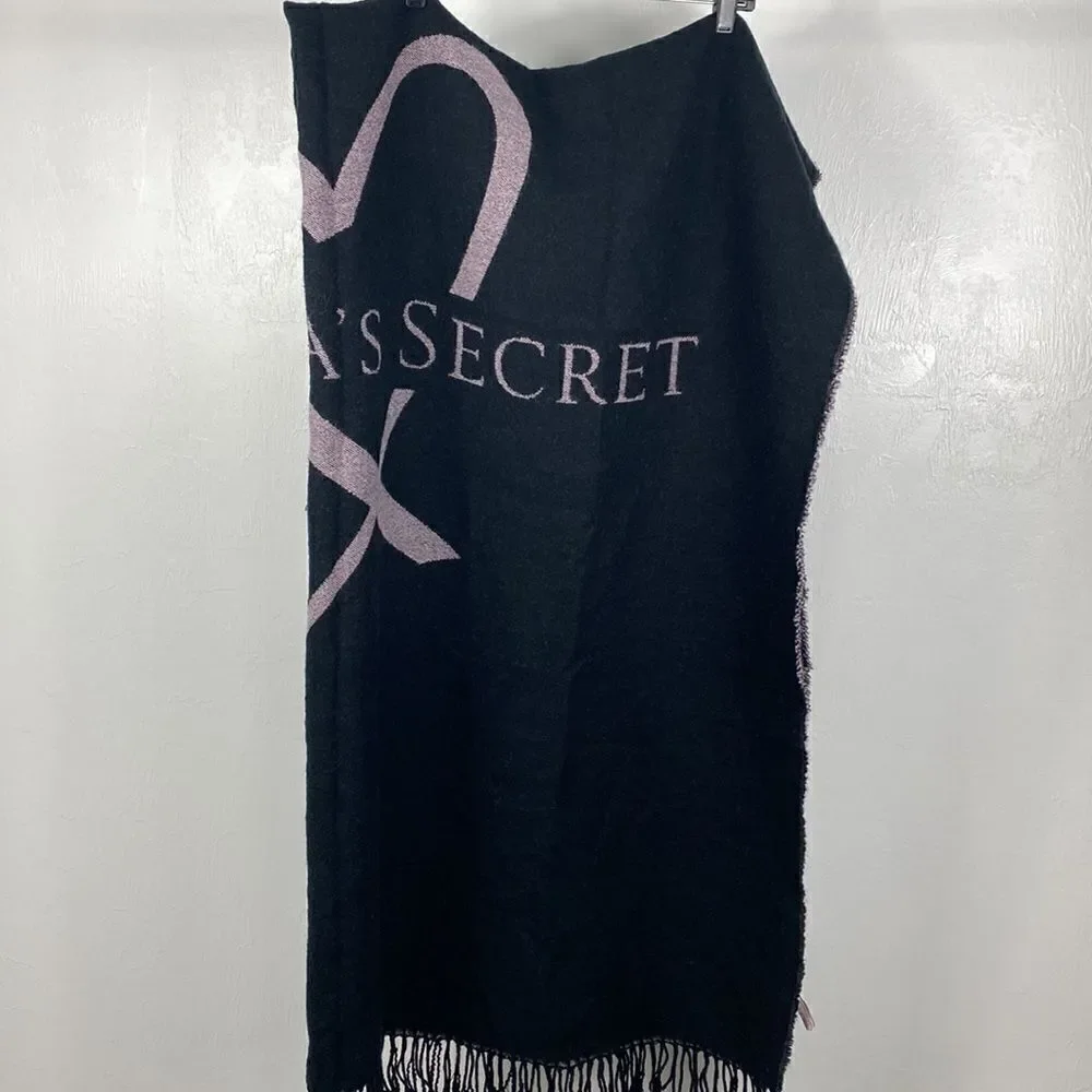 Victoria’s Secret black and pink throw blanket with fringe